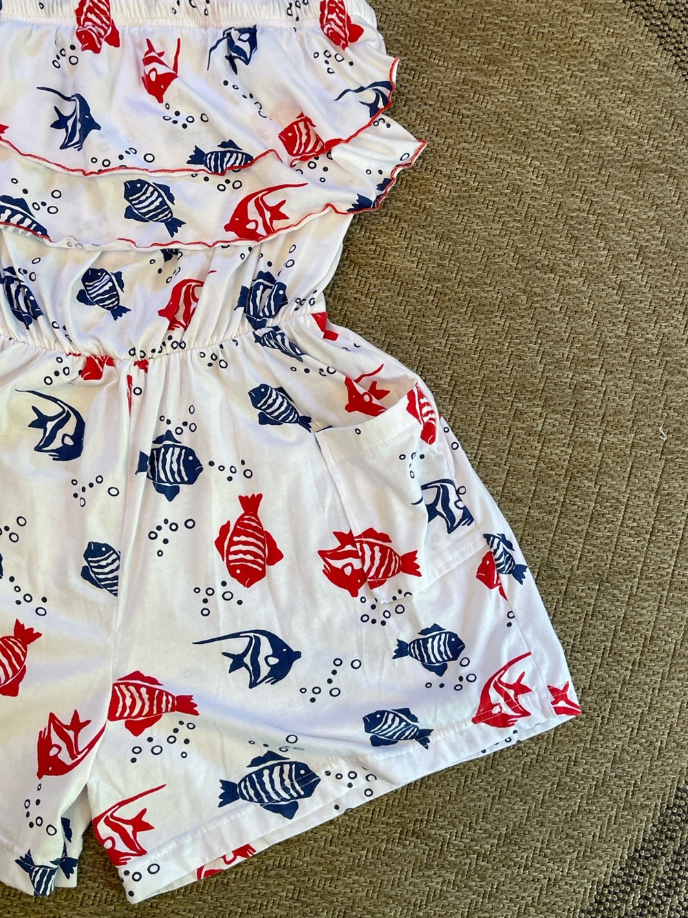 Strapless white romper with red & blue nautical fish print & ruffled neckline - Picture 8 of 10